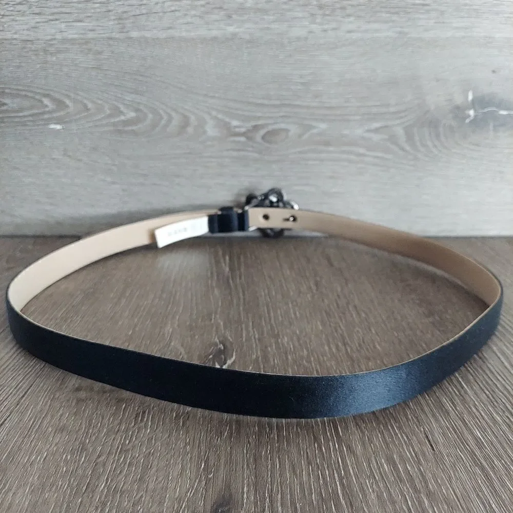 Talbots Black Satin Belt with Marcasite Flower Buckle Detail Sz Large